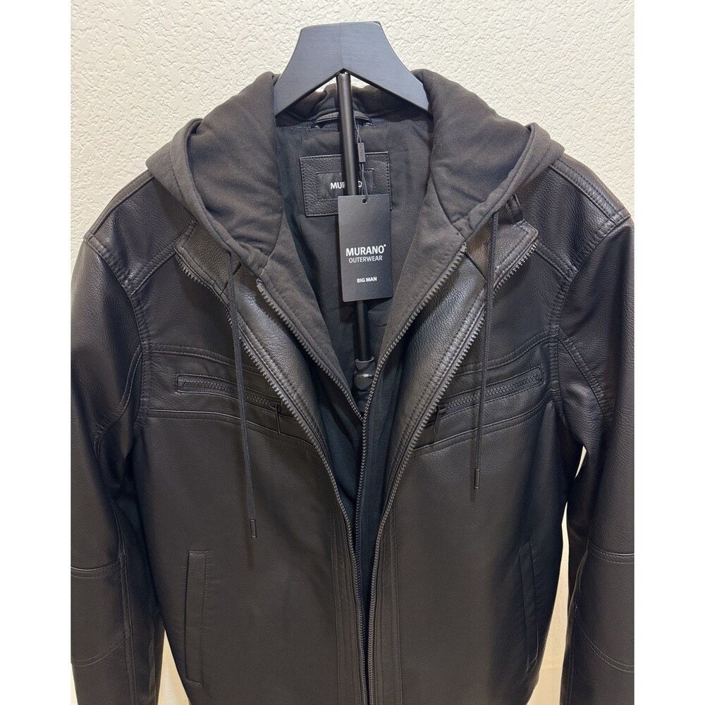 Murano Big & Tall Black Bomber with Knit Hood Faux Leather Jacket. Size LT . New - Picture 3 of 6